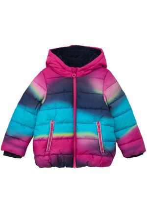 Daunenjacke mit einem Farbverlauf-Design in Pink, Blau und Marineblau, mit Kapuze, frontalem Reißverschluss und zwei seitlichen Reißverschlusstaschen. Weicher Stoff.