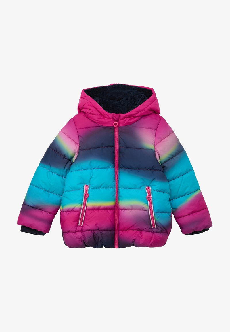 Daunenjacke mit einem Farbverlauf-Design in Pink, Blau und Marineblau, mit Kapuze, frontalem Reißverschluss und zwei seitlichen Reißverschlusstaschen. Weicher Stoff.