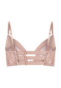 Kanten en gaas bralette in nude met verstelbare bandjes, driedelige horizontale ontwerpelementen en metalen hardware accenten op de rug.
