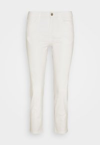 White denim pants with a straight cut, featuring front pockets, a single button closure, and belt loops. Smooth texture and clean design.