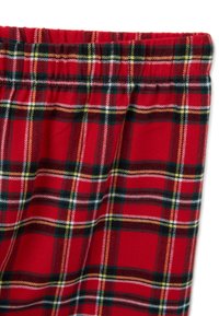 Rood geruite stof met groene, gele en witte rasterpatronen. Heeft een elastische tailleband voor een comfortabele pasvorm. Zachte textuur.