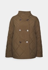 Hnědá prošívaná dvouřadá péřová bunda s vysokým límcem, doplněná o čtyři kulaté knoflíky, se šitím ve tvaru diamantu.