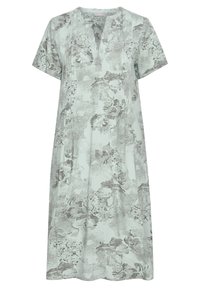 Kukkaista puuvillamekkoa vaalean mintunvihreänä, jossa on lyhyet hihat, v-aukko ja rento istuvuus. Suunnittelussa on harmaita kukkakuoseja.