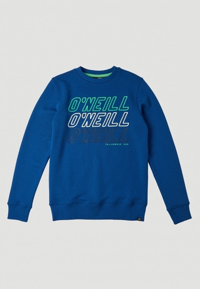 Sweat-shirt bleu en tissu doux, avec le texte "O'NEILL" en différentes couleurs. Poignets et ourlet côtelés pour plus de tenue. Design simple et décontracté.