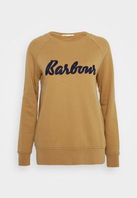Brown sweatshirt with long sleeves, featuring navy cursive "Barbour" logo. Soft fabric with a ribbed neckline and cuffs. Simple design.