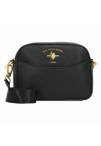 Borsa a tracolla in pelle nera, forma arrotondata, superficie testurizzata, logo dorato sul fronte, chiusura con zip, tracolla removibile con trama in tessuto.