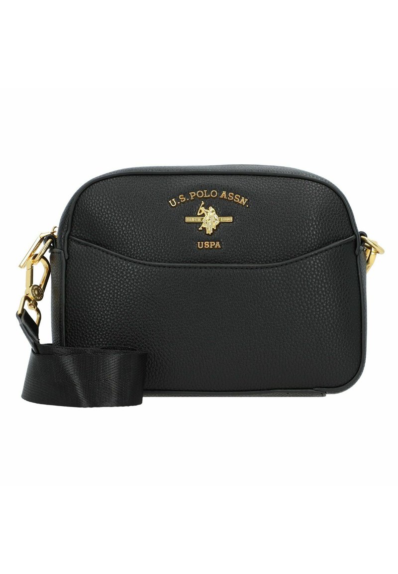 Borsa a tracolla in pelle nera, forma arrotondata, superficie testurizzata, logo dorato sul fronte, chiusura con zip, tracolla removibile con trama in tessuto.