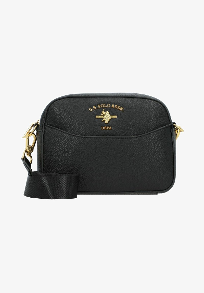 Svart läder crossbody-väska, rundad form, texturerad yta, guld-logotyp på framsidan, dragkedjestängning, avtagbar rem med tygtextur.