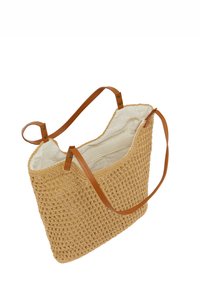 Vävd stråväska med bruna läderremmar, öppet topp och beige tygfoder med en liten intern ficka.
