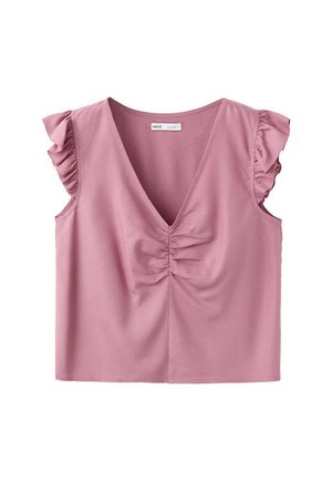 Ärmellose pinke Bluse mit gerafften Armausschnitten, tiefem V-Ausschnitt und gerafftem Detail in der vorderen Mitte.