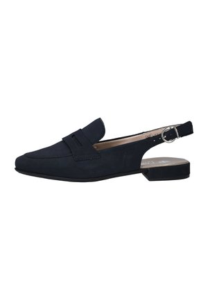 Zwarte loafer voor dames met een slingback-bandje, zilverkleurige gesp, lage hak en instapmodel.