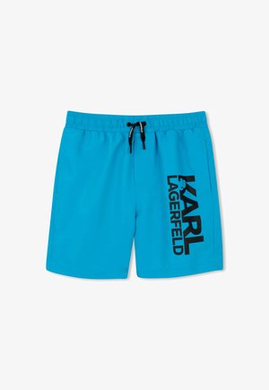 Felblauwe zwemshorts met een zwarte verstelbare trekkoord en het "KARL LAGERFELD" logo verticaal gedrukt op het rechterbeen.