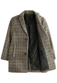 Kariertener Mantel in Grau-, Beige- und Brauntönen mit Reverskragen, zwei vorderen Taschen und einem gesteppten schwarzen Innenfutter. Zwei-Knopf-Verschluss.