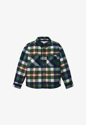Chemise-veste à manches longues avec un motif écossais vert, bleu marine, blanc et rouge et deux poches poitrine.