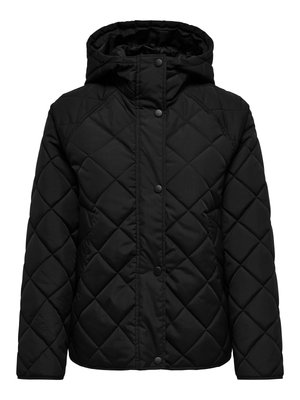 Veste matelassée noire avec capuche, présentant un motif de surpiqûres en losange, des boutons-pression et des manches longues. Fabriquée en matière synthétique lisse.