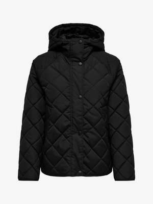 Veste matelassée noire avec capuche, présentant un motif de surpiqûres en losange, des boutons-pression et des manches longues. Fabriquée en matière synthétique lisse.