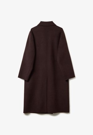 Long, brown coat made from soft wool fabric. Features a collar and wide sleeves, with a straight silhouette and no visible fastenings.