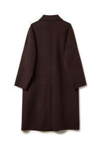 Dark brown long wool coat with wide sleeves and a straight back seam, displayed flat against a white background.