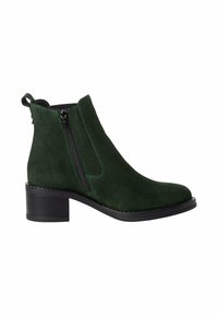 Grüne Wildleder-Stiefeletten mit einer abgerundeten Spitze, seitlichem Reißverschluss und einem gestapelten schwarzen Absatz. Das Material hat eine weiche Textur und detaillierte Nähte.