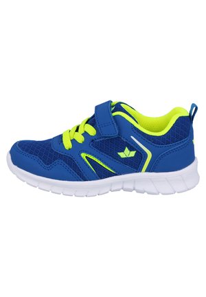 Blue athletic shoe with mesh fabric, green accents, adjustable strap, and yellow laces. Features a textured sole and side design elements.