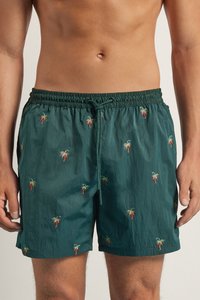 Bañadores verdes con bordado de palmeras coloridas, cintura elástica con cordón de ajuste y tejido ligero y suave.