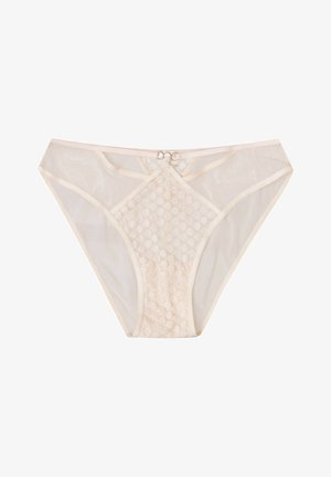 Naga koronkowa bikini z siateczkowym overlayem, ozdobiona diamentowym wzorem i cienkimi ramiączkami, z metalowym zapięciem z przodu.