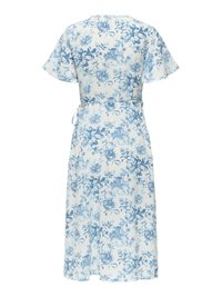 Robe midi blanche à imprimé floral bleu, manches courtes volantées et ceinture nouée à la taille, vue de dos.