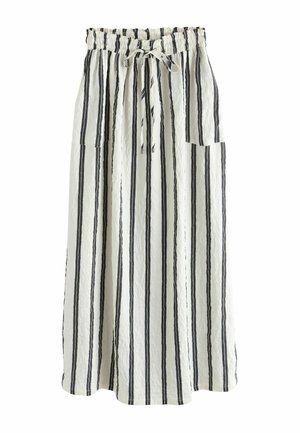 Weißer Rock mit vertikalen schwarzen Streifen, elastischem Bund mit Kordelzug und zwei aufgesetzten Taschen vorne, gezeigt vor weißem Hintergrund.