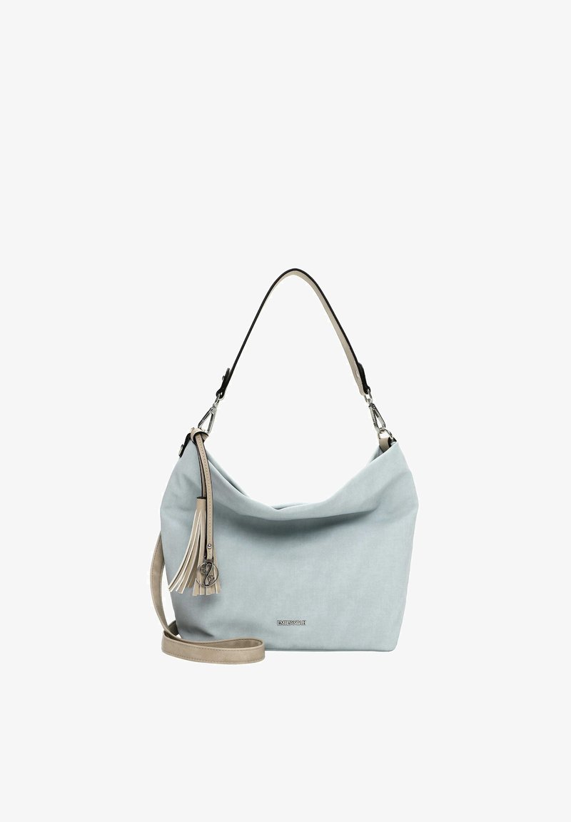 Bolso de hombro de tela azul claro con diseño holgado, detalles en color crema, un adorno de borla y una correa de hombro desmontable.