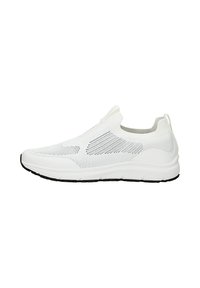 Weißer Slip-On-Sportschuh mit Mesh-Obermaterial, runder Zehenpartie, elastischen Akzenten und gedämpfter Sohle. Schwarze Profilsohle für Grip.