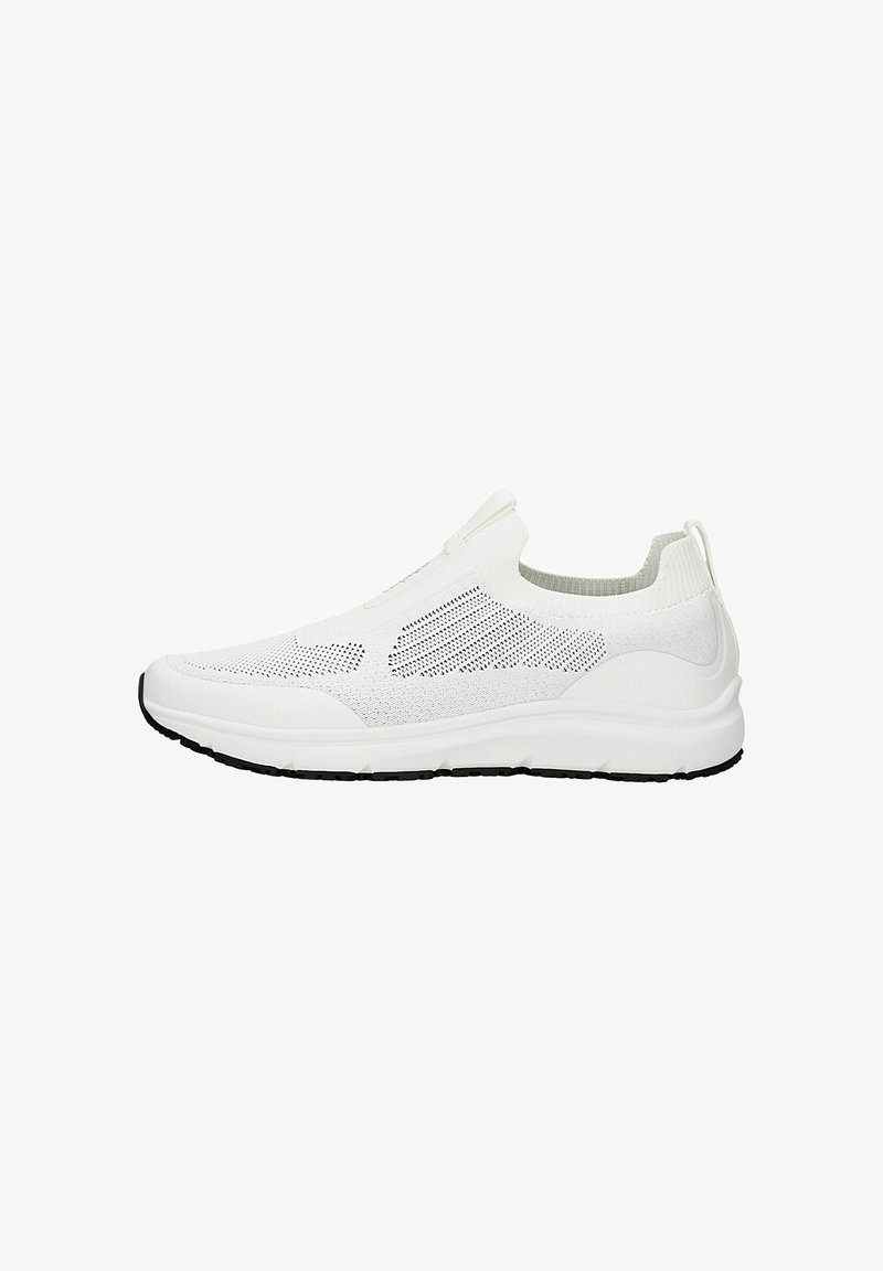Scarpa sportiva bianca slip-on con tomaia in rete, punta tonda, dettagli elastici e suola ammortizzata. Suola nera sul fondo per una migliore aderenza.