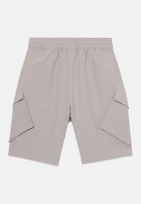 Light gray cargo shorts with an elastic waistband, two side pockets, and two large flap pockets on the sides. Soft, smooth fabric texture.