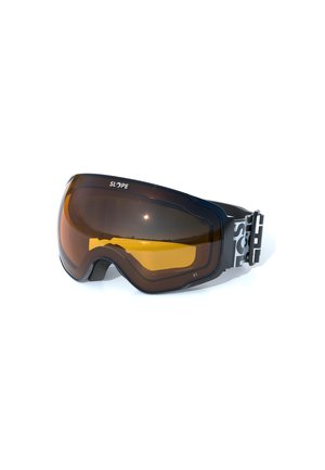 Skibriller med mørkeorangetonede linser, sort ramme og justerbar sort rem med hvid tekst på hvid baggrund.