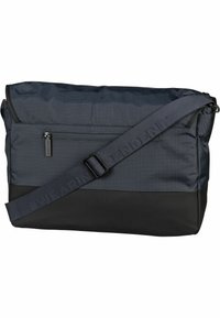 Borsa a tracolla nera e blu con design rettangolare, realizzata in tessuto resistente. Presenta una tasca frontale, una tracolla regolabile e una chiusura con cerniera.