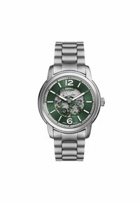 Silberner Edelstahl-Uhren mit grünem Ziffernblatt, transparentem Gehäuse, weißen Stundenmarkierungen und einem Mesh-Armband. Zeigt die sichtbaren inneren Mechanismen.