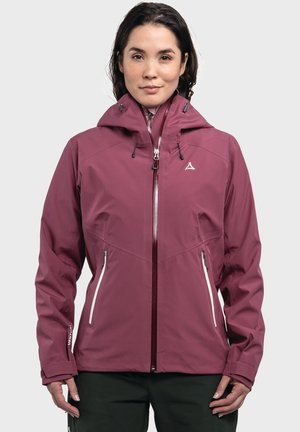 Maroon waterproof jacket with a hood, adjustable drawstrings, zippered front, and two side pockets. Features silver accents and logo.