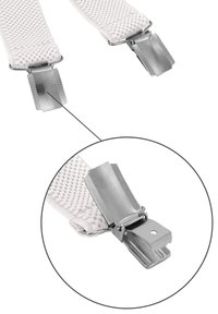 White woven suspenders featuring metal clips for securing. Close-up highlights the clip's textured grip and durable construction.