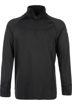 Zwarte longsleeve pullover met een kwart-rits kraag. Gemaakt van een soepele, rekbare stof. Bevat schoudernaden en subtiele contrasterende stiksels.