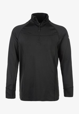 Musta pitkähihainen pullover, jossa on neljännesvetoketju kauluksessa. Valmistettu sileästä, joustavasta kankaasta. Sisältää hartian saumat ja hienovaraista kontrastiväristä ommelta.