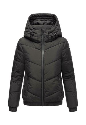 Musta paksu jakk, millel on kõrge krae, chevroni õmblused, lukuga esiosa ja elastsed mansetid. Sisaldab reguleeritavat kapuutsi ja küljetaskuid.