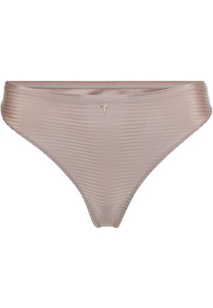Beige striped bikini-style underwear with a small decorative gold charm centered on the waistband.