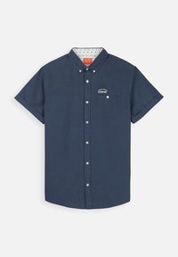 Chemise à manches courtes, bleu marine foncé, avec un col boutonné, logo "OXBOW" brodé, poche poitrine unique et doublure intérieure imprimée blanche.