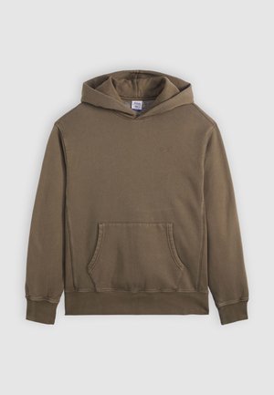 Brown cotton hoodie with a front kangaroo pocket, ribbed cuffs, and hem. Features a hood and subtle logo embroidery on the chest.