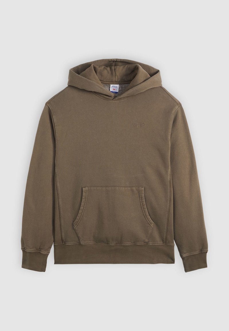 Brauner Baumwollhoodie mit frontaler Kängurutasche, gerippten Bündchen und Saum. Verfügt über eine Kapuze und dezente Logo-Stickerei auf der Brust.