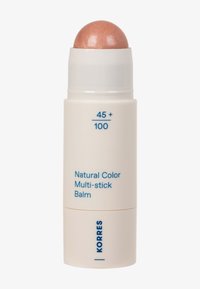 Natural Color Multi-stick Balm in a cylindrical white container. The top is a glossy rose-gold hue. Features blue text with product details.