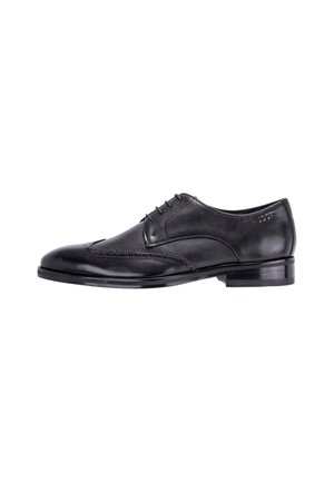 Zwarte leren herenschoenen met brogue-details en veters, van opzij getoond op een witte achtergrond.