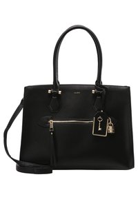 Czarna skórzana torebka z dwoma uchwytami, odpinanym paskiem na ramię, przednią kieszenią na zamek oraz złotymi akcentami, w tym zawieszką w kształcie klucza.