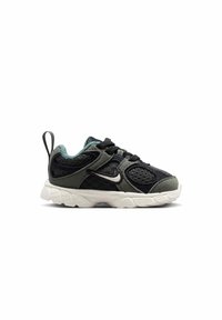Black and grey toddler sneaker with white sole, black laces, teal inner lining, textured mesh panels, and white Nike swoosh on side.
