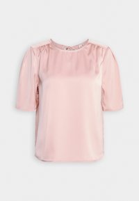Top in satin rosa a maniche corte con scollatura rotonda e cuciture delle spalle arricciate. Texture liscia con vestibilità comoda e orlo dritto.