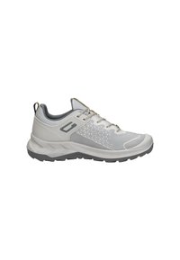 Lichtgrijze sport schoenen met een gestructureerde bovenkant, zijpaneel van gaas en grijze zool. Kenmerken zijn een gevoerd kraag en vetersysteem.